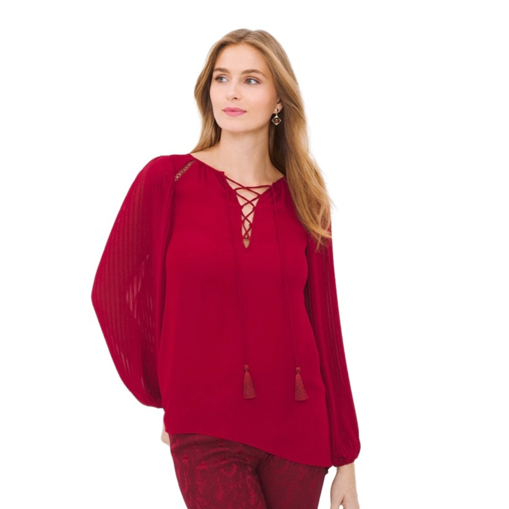 🔥White House Black Market Red Boho Long Sleeve Pleaded Sleeve Blouse Size 2🔥